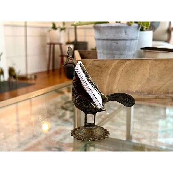 Vintage Solid Brass Peacock Figurine Etched Bird Card Holder Boho Animal Display - Picture 9 of 10